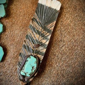 brown and black turkey feather Matthew with large turquoise how lite