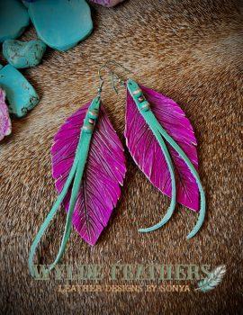 fuchsia earrings paired with turquoise lace and rivets
