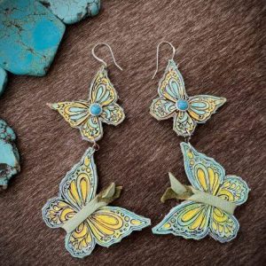 turquoise and yellow butterfly earrings with stainless steel hooks