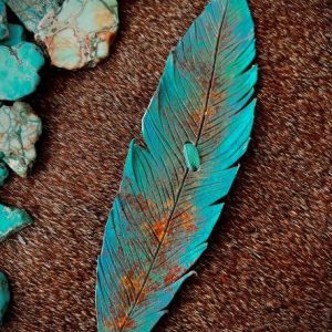turquoise, gold and bronze leather feather hat band