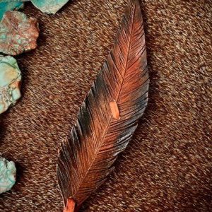 bronze, brown leather feather hat band with deerskin cognac lace