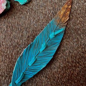 small turquoise and gold leather feather hat band