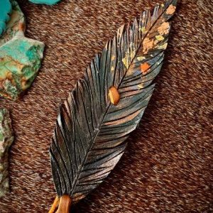 small bronze, dark teal, gold and copper leather feather hat band