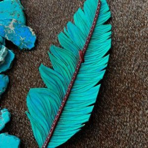 Leather feather turquoise hat band with cognac brown and light turquoise stitching