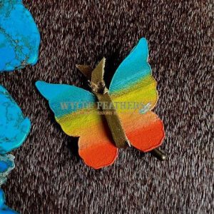 leather butterfly accessory for hat hand painted in turquoise, yellow and orange with back painted light blue