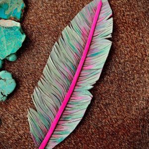 leather feather hat band painted in seafoam green, pink and teal