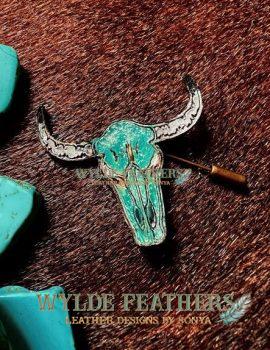leather longhorn pin for cowboy hat painted in silver and teal