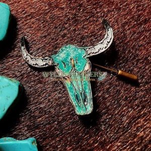 leather longhorn pin for cowboy hat painted in silver and teal