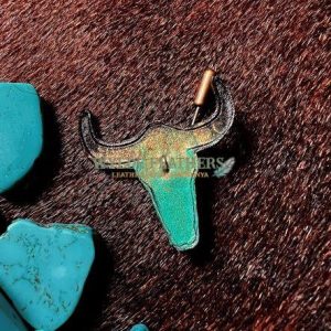 leather longhorn hat pink hand painted in black, gold and turquoise green.