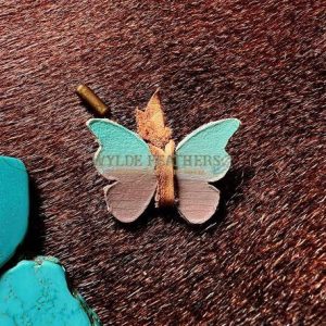leather butterfly pushpin decorated and hand painted in light blue turquoise, taupe and a natural tan lace.