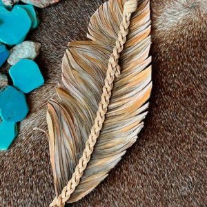 leather feather hat band painted and decorated in taupe, cream and shades of blonde