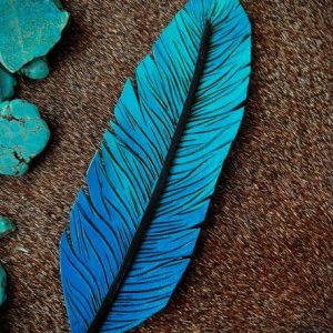 leather feather hat band with blue, turquoise and green