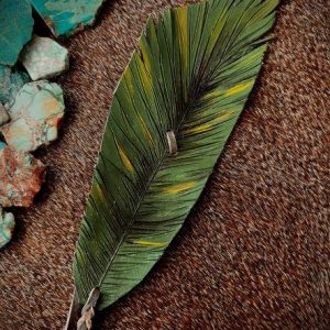 leather feather hat band painted in lime green, army green and dark brown