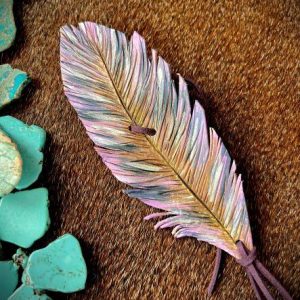 leather feather hat band painted in lilac purple, blue, copper, gold and white