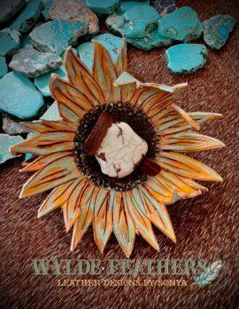Sunflower with mint yellow and brown center and faux white buffalo stone