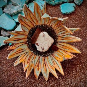 Sunflower with mint yellow and brown center and faux white buffalo stone