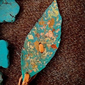 leather feather hat band hand painted with turquoise green, gold with a hint of rose gold and copper