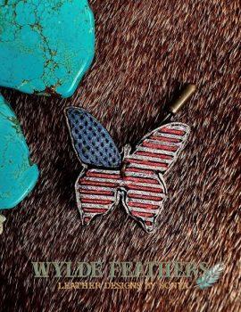 red, white and blue with brown stain and antique push pin