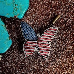 red, white and blue with brown stain and antique push pin