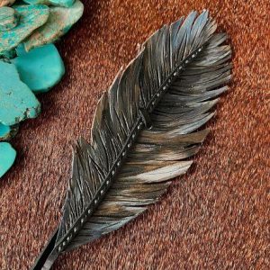 leather feather hat band with dark navy blue, grey, white and brown
