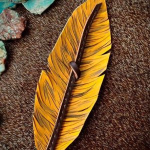 leather feather hat band with golden yellow and hints of taupe