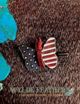 Red, white and blue small leather butterfly accessory for cowboy hat with antique gold pushpin