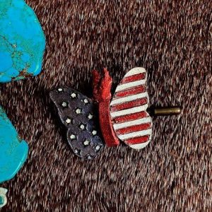 Red, white and blue small leather butterfly accessory for cowboy hat with antique gold pushpin