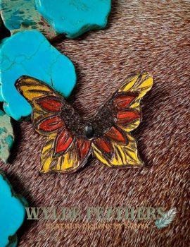 leather butterfly hand painted and hand made with yellow, copper and gold