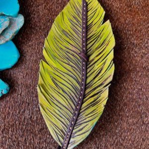 leather feather hat band in lime green and brown