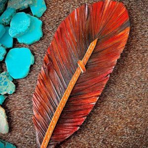 cognac brown large leather feather hat band with rustic brown oil tanned lace